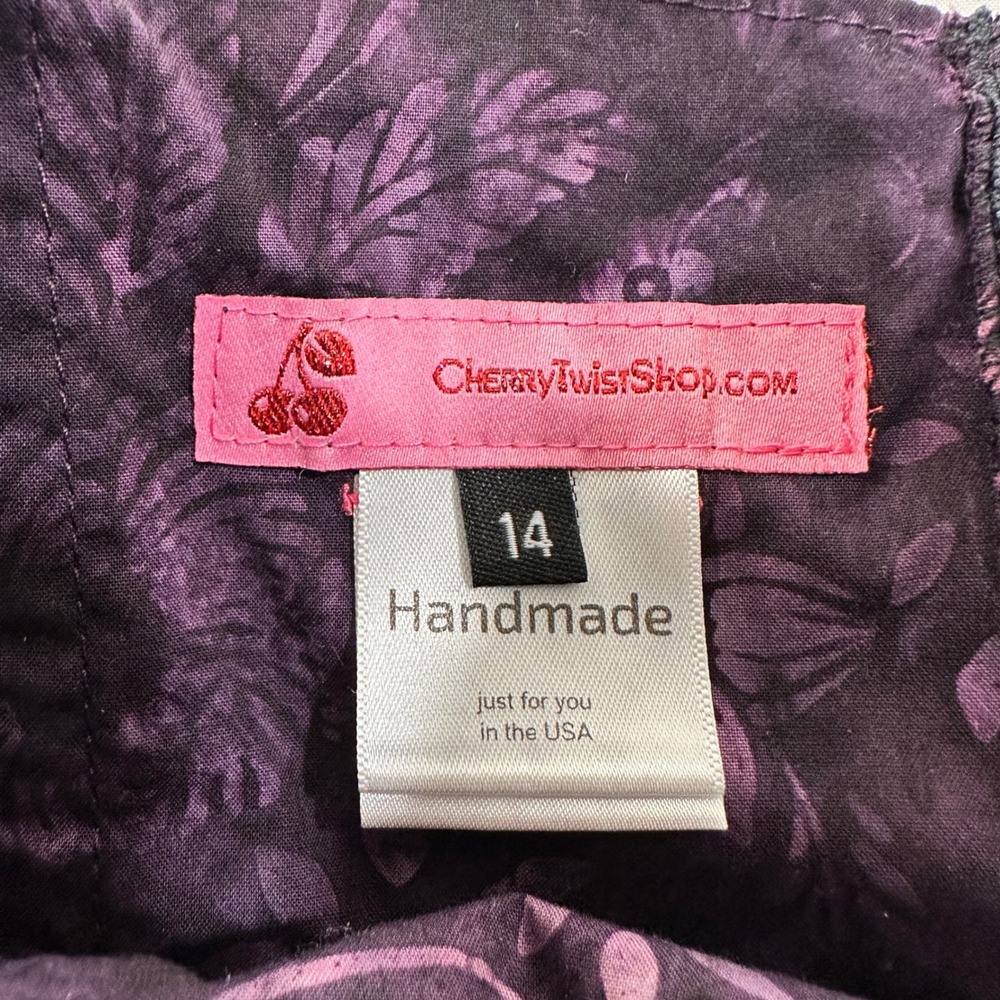Cherry Twist Shop Handmade Sheath Dress Womens 14 Purple Batik Floral Rockabilly - Picture 4 of 7